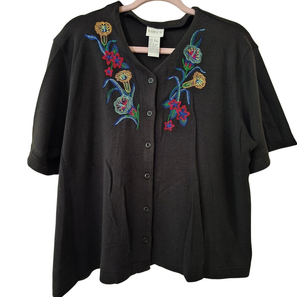 Koret Vintage Embroidered Floral Boho Short Sleeve Cardigan Size Large